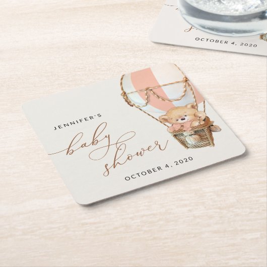 テディベア、ピンクのホットエアバルーン、ベビーシャワー スクエアペーパーコースター (アングル)