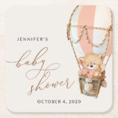 テディベア、ピンクのホットエアバルーン、ベビーシャワー スクエアペーパーコースター (正面)