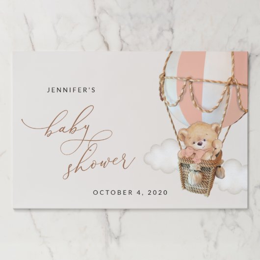 テディベア、ピンクのホットエアバルーン、ベビーシャワー ペーパーパッド (正面)