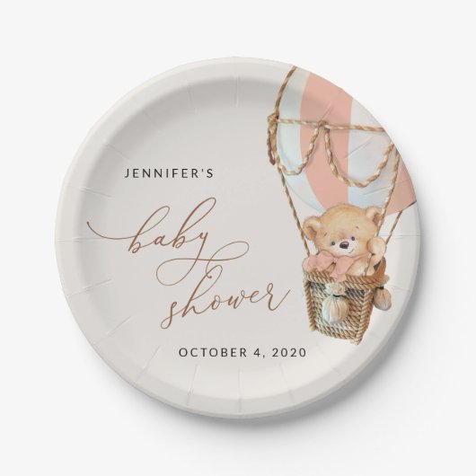 テディベア、ピンクのホットエアバルーン、ベビーシャワー ペーパープレート (正面)