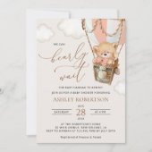 テディベア、ピンクのホットエアバルーン、ベビーシャワー 招待状 (正面)