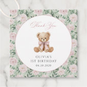 テディベア, ピンクのリボン, ピンクの花, 初誕生日 フェイバータグ (正面)