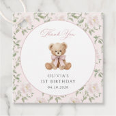 テディベア, ピンクのリボン, ピンクの花, 初誕生日 フェイバータグ (正面)