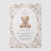 テディベア, ピンクのリボン, ピンクの花, 初誕生日 ベラム紙招待状 (正面)