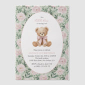 テディベア, ピンクのリボン, ピンクの花, 初誕生日 ベラム紙招待状 (正面)
