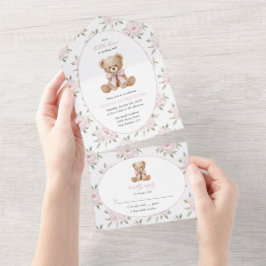 テディベア、ピンクのリボン、ピンクの花、1歳の誕生日 オールインワン招待状