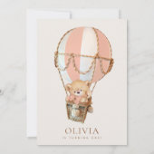 テディベア、ピンクの熱気球、ファーストバースデー 招待状 (裏面)
