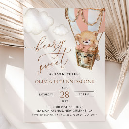 テディベア、ピンクの熱気球、ファーストバースデー 招待状