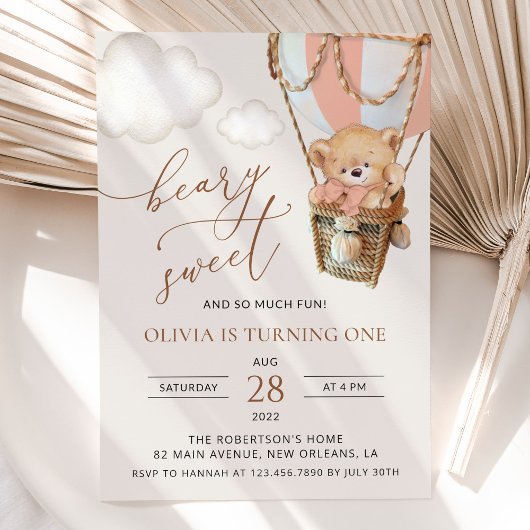 テディベア、ピンクの熱気球、ファーストバースデー 招待状
