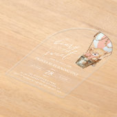 テディベア、ピンクの熱気球、第1誕生日 アクリル招待状 (レイダウン)