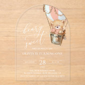 テディベア、ピンクの熱気球、第1誕生日 アクリル招待状 (正面)