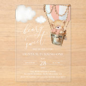 テディベア、ピンクの熱気球、第1誕生日 アクリル招待状 (正面)