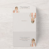 テディベア、ピンクの熱気球、第1誕生日 オールインワン招待状 (外側)