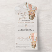 テディベア、ピンクの熱気球、第1誕生日 オールインワン招待状 (内側)