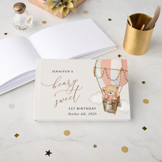 テディベア、ピンクの熱気球、第1誕生日 ゲストブック (正面見開き)