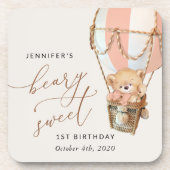 テディベア、ピンクの熱気球、第1誕生日 コースター (正面)