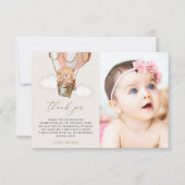 テディベア、ピンクの熱気球、第1誕生日 サンキューカード (正面)