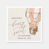 テディベア、ピンクの熱気球、第1誕生日 スタンダードカクテルナプキン (正面)