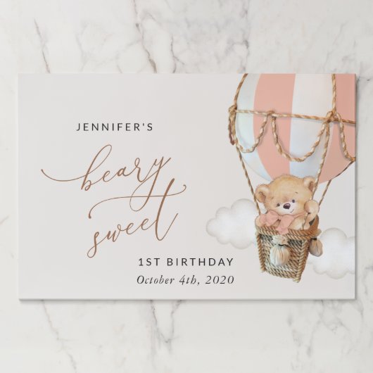 テディベア、ピンクの熱気球、第1誕生日 ペーパーパッド (正面)
