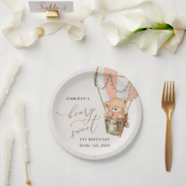 テディベア、ピンクの熱気球、第1誕生日 ペーパープレート