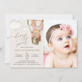 テディベア、ピンクの熱気球、第1誕生日 招待状 (正面)