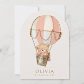 テディベア、ピンクの熱気球、第1誕生日 招待状 (裏面)
