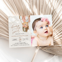 テディベア、ピンクの熱気球、第1誕生日 招待状