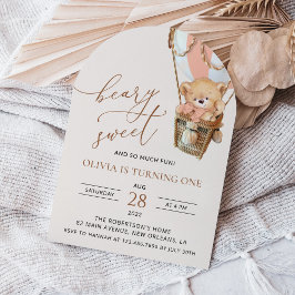 テディベア、ピンクの熱気球、第1誕生日 招待状