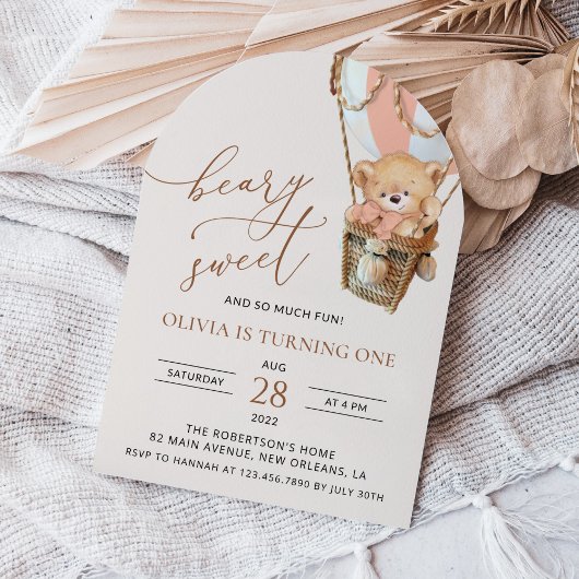 テディベア、ピンクの熱気球、第1誕生日 招待状