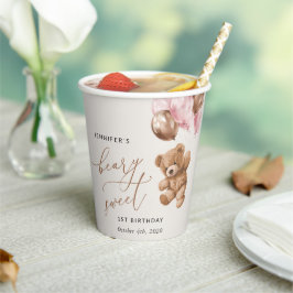 テディベア、ピンクの風船、初めての誕生日 紙コップ