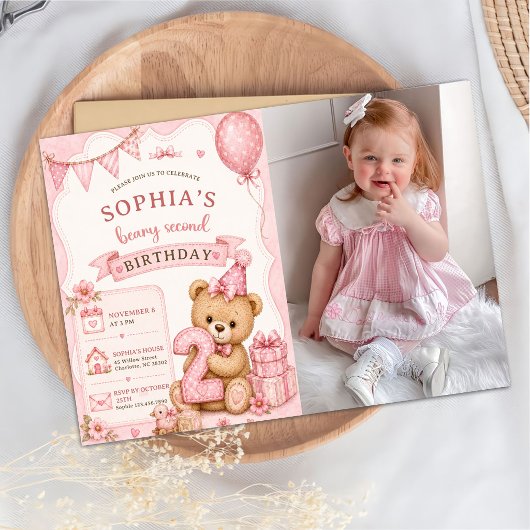 テディベア, ピンクの風船, 2歳の誕生日写真 招待状