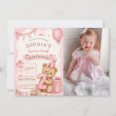テディベア, ピンクの風船, 2歳の誕生日写真 招待状 (正面)
