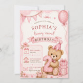 テディベア, ピンクの風船, 2歳の誕生日 招待状 (正面)