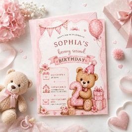 テディベア, ピンクの風船, 2歳の誕生日 招待状