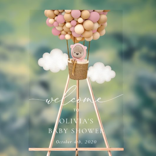 テディベア、ピンクバルーン、ベビーシャワーへようこそ アクリルサイン (ニュートラル)