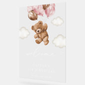 テディベア、ピンクバルーン、最初の誕生日へようこそ アクリルサイン (傾斜)