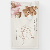 テディベア、ピンクバルーン、最初の誕生日へようこそ 横断幕 (縦)