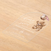 テディベア、ピンクバルーン、第1誕生日 アクリル招待状 (レイダウン)