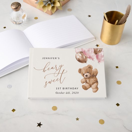 テディベア、ピンクバルーン、第1誕生日 ゲストブック (正面見開き)