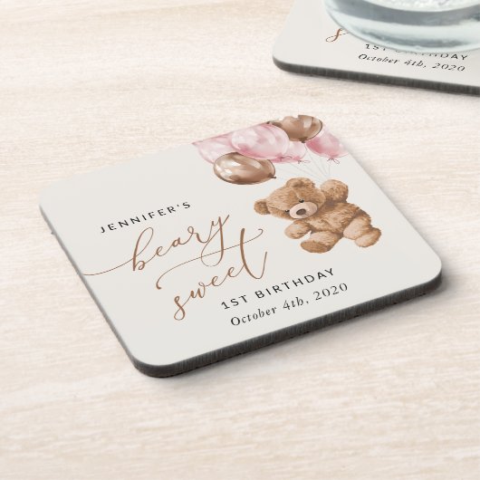 テディベア、ピンクバルーン、第1誕生日 コースター (左側)