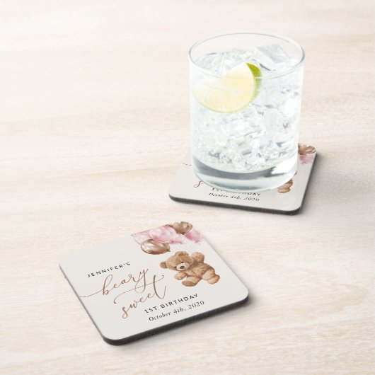 テディベア、ピンクバルーン、第1誕生日 コースター (右側)