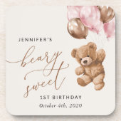テディベア、ピンクバルーン、第1誕生日 コースター (正面)