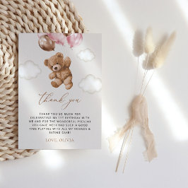 テディベア、ピンクバルーン、第1誕生日 サンキューカード