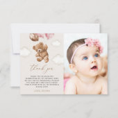 テディベア、ピンクバルーン、第1誕生日 サンキューカード (正面)