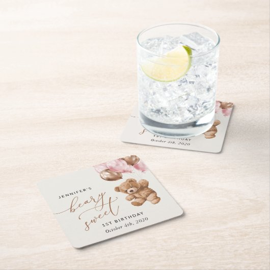 テディベア、ピンクバルーン、第1誕生日 スクエアペーパーコースター (インサイチュ)