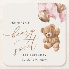 テディベア、ピンクバルーン、第1誕生日 スクエアペーパーコースター