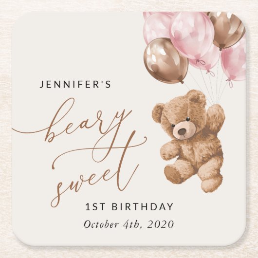 テディベア、ピンクバルーン、第1誕生日 スクエアペーパーコースター (正面)