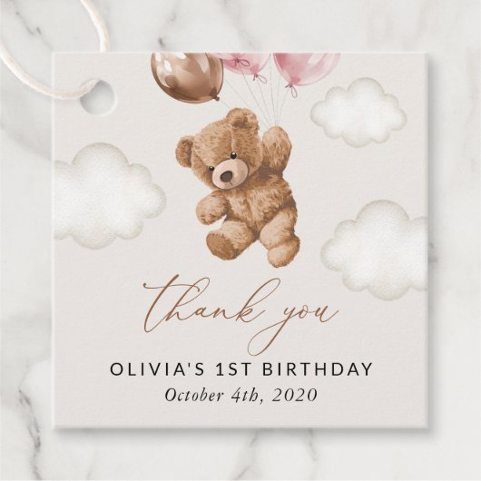 テディベア、ピンクバルーン、第1誕生日 フェイバータグ (正面)