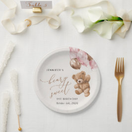 テディベア、ピンクバルーン、第1誕生日 ペーパープレート
