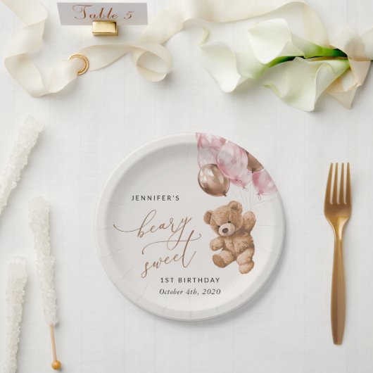 テディベア、ピンクバルーン、第1誕生日 ペーパープレート (ウェディング)